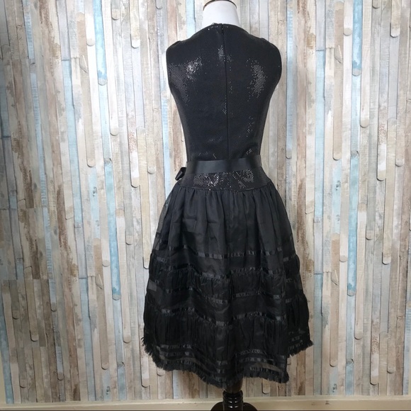 St John 6 Black Sequin Tulle Fit Flare Party Dress - Picture 6 of 8